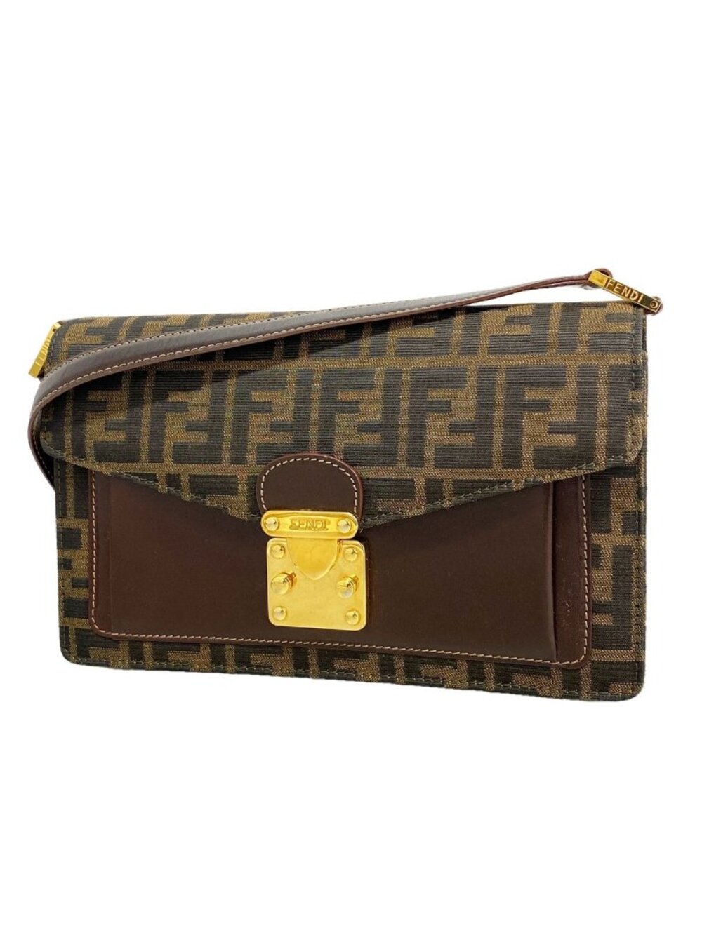 Fendi Shoulder Bag Zucca Nylon Canvas Brown Gold